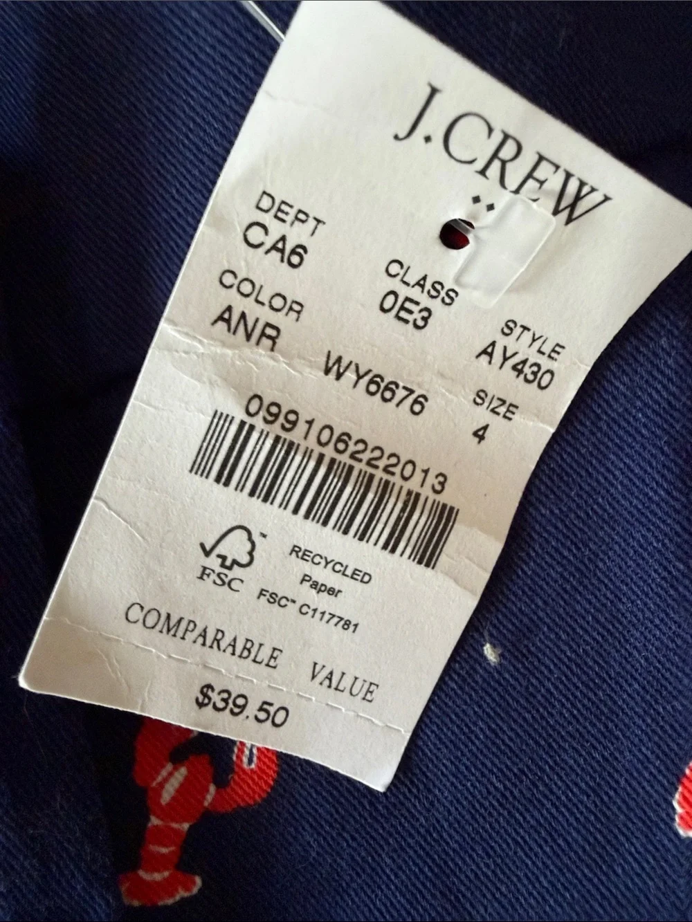 J. Crew Men's Navy Shorts with Red Lobster Print
